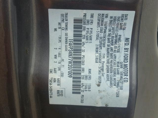 1FAFP34N77W207009 - 2007 FORD FOCUS ZX4 GRAY photo 10