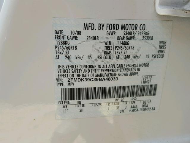 2FMDK39C39BA48030 - 2009 FORD EDGE LIMIT WHITE photo 10