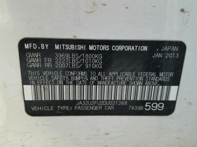 JA32U2FU2DU021268 - 2013 MITSUBISHI LANCER ES/ WHITE photo 10