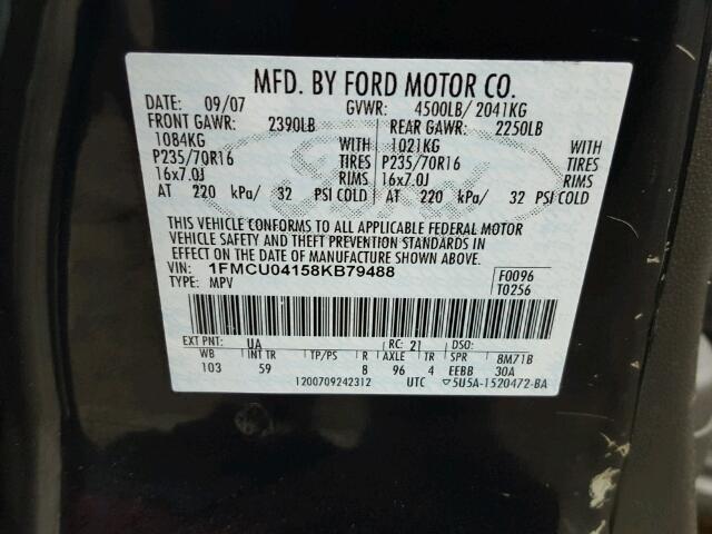 1FMCU04158KB79488 - 2008 FORD ESCAPE BLACK photo 10