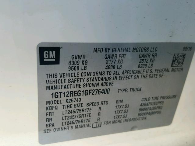 1GT12REG1GF276400 - 2016 GMC SIERRA K25 WHITE photo 10