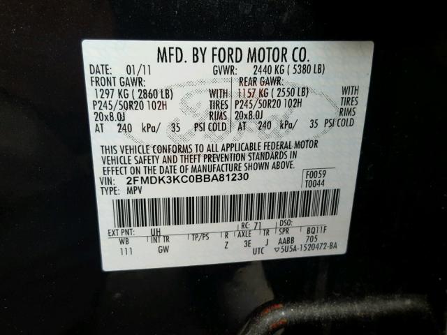 2FMDK3KC0BBA81230 - 2011 FORD EDGE LIMIT BLACK photo 10