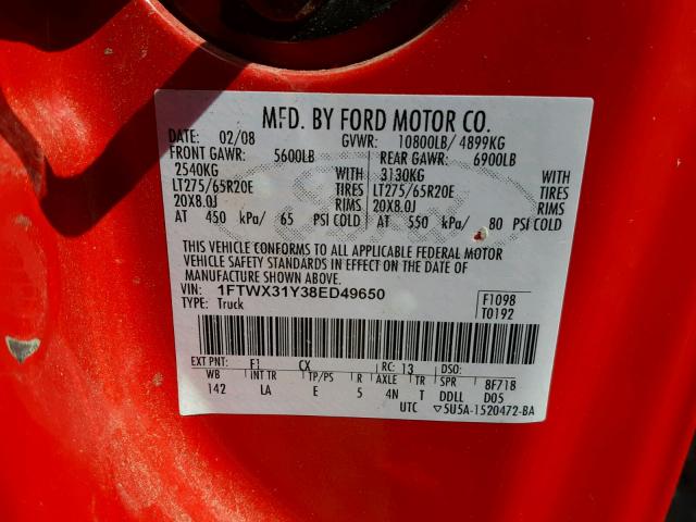 1FTWX31Y38ED49650 - 2008 FORD F350 SRW S RED photo 10