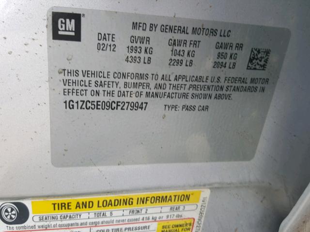 1G1ZC5E09CF279947 - 2012 CHEVROLET MALIBU 1LT SILVER photo 10