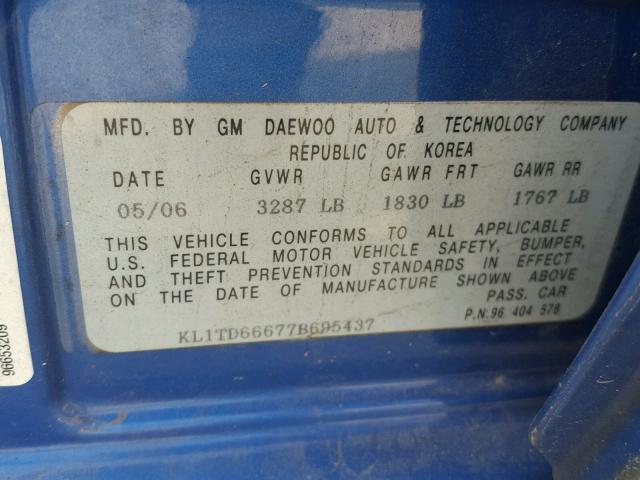 KL1TD66677B695437 - 2007 CHEVROLET AVEO BASE Көк фото 10