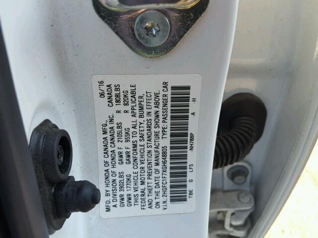 2HGFC1F7XGH648805 - 2016 HONDA CIVIC EXL 白色 照片 10