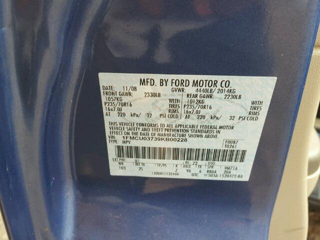 1FMCU03739KB00228 - 2009 FORD ESCAPE XLT BLUE photo 10