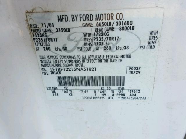 1FTRF12215NA51821 - 2005 FORD F150 WHITE photo 10