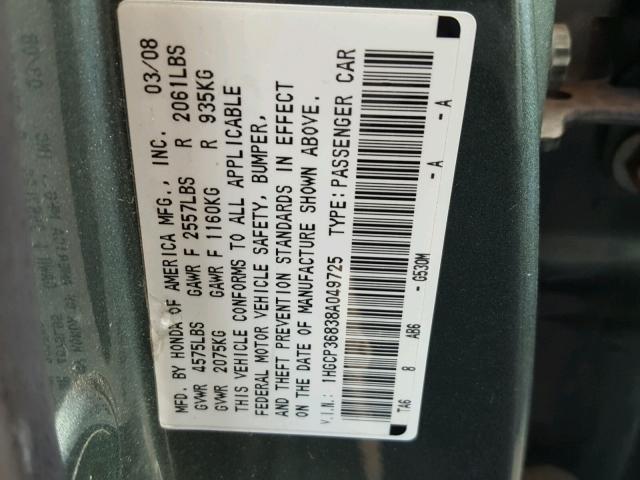 1HGCP36838A049725 - 2008 HONDA ACCORD GREEN photo 10