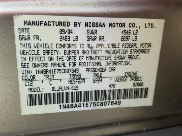 1N4BA41E75C807649 - 2005 NISSAN MAXIMA SE TAN photo 10