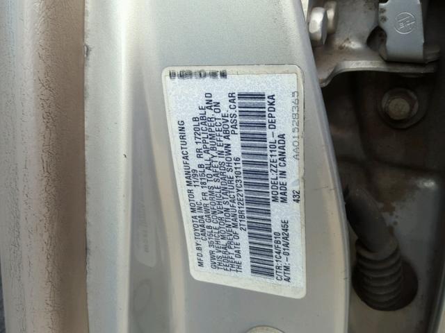 2T1BR12E2YC310116 - 2000 TOYOTA COROLLA VE SILVER photo 10