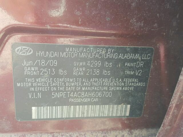 5NPET4AC8AH606700 - 2010 HYUNDAI SONATA GLS MAROON photo 10