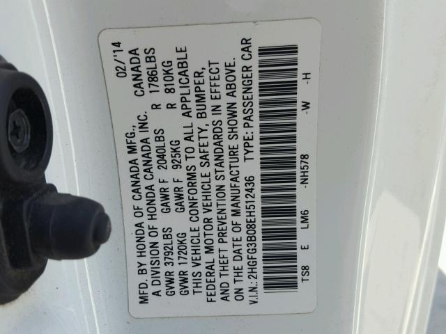 2HGFG3B08EH512436 - 2014 HONDA CIVIC EXL 白色 照片 10