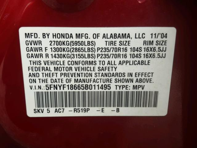 5FNYF18665B011495 - 2005 HONDA PILOT RED photo 10