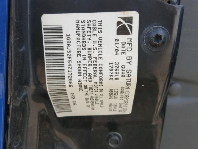1G8AJ52F54Z172066 - 2004 SATURN ION LEVEL BLUE photo 10