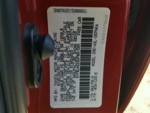 5YFBU4EE6DP091585 - 2013 TOYOTA COROLLA BA RED photo 10