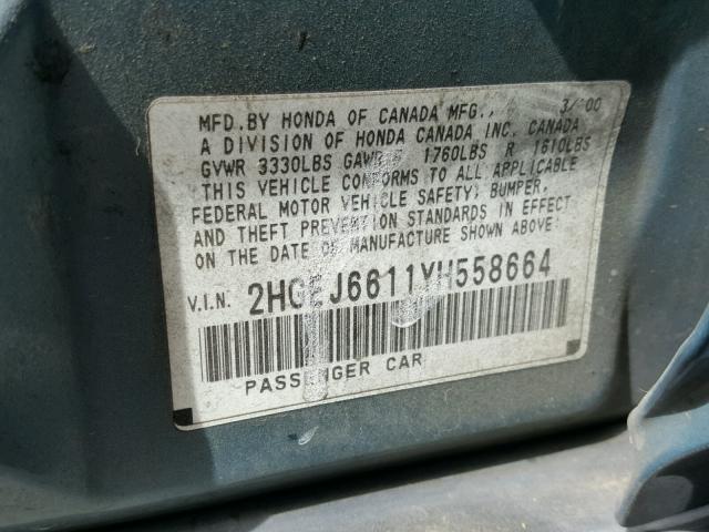 2HGEJ6611YH558664 - 2000 HONDA CIVIC BASE TEAL photo 10