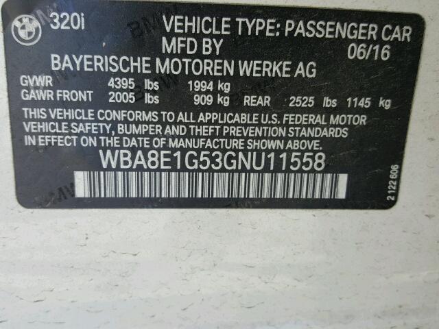 WBA8E1G53GNU11558 - 2016 BMW 320 I WHITE photo 10