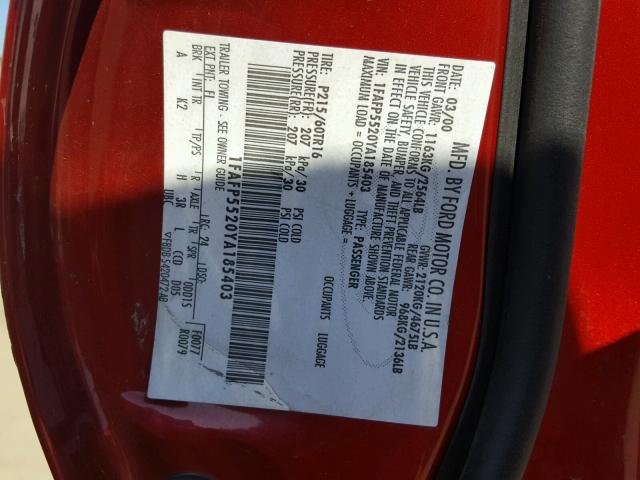 1FAFP5520YA185403 - 2000 FORD TAURUS SES RED photo 10