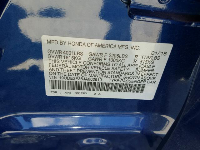 19UDE2F36JA002610 - 2018 ACURA ILX BASE BLUE photo 10