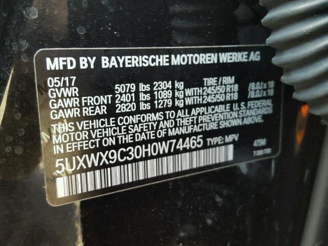 5UXWX9C30H0W74465 - 2017 BMW X3 XDRIVE2 BLACK photo 10