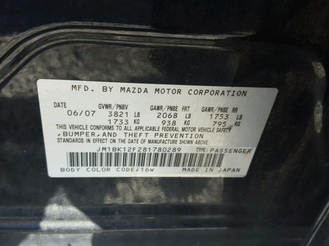 JM1BK12F281780289 - 2008 MAZDA 3 I BLACK photo 10