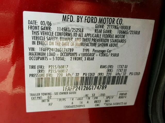 1FAFP24126G174789 - 2006 FORD FIVE HUNDR RED photo 10