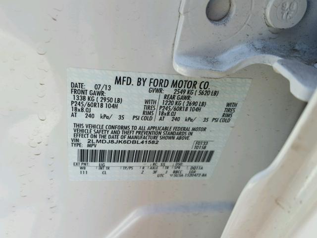 2LMDJ8JK6DBL41582 - 2013 LINCOLN MKX WHITE photo 10