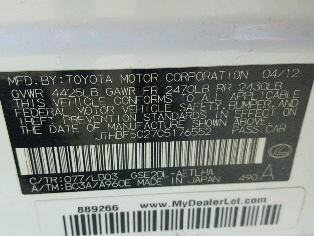 JTHBF5C27C5176552 - 2012 LEXUS IS WHITE photo 10