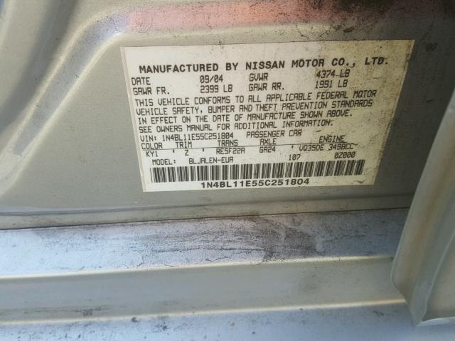 1N4BL11E55C251804 - 2005 NISSAN ALTIMA SE GRAY photo 10