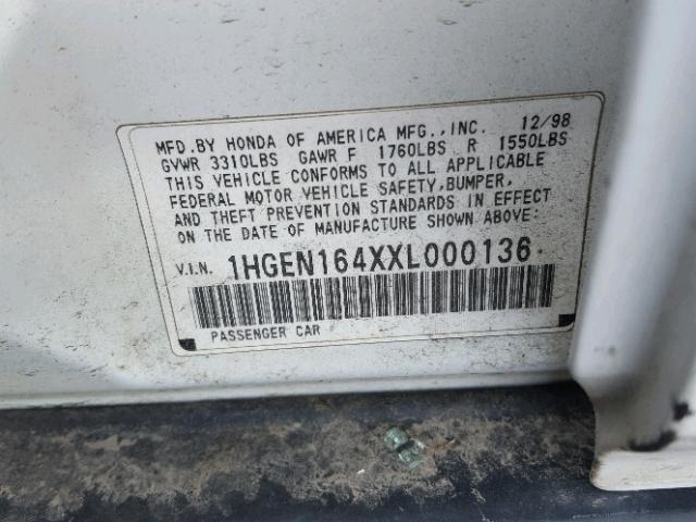 1HGEN164XXL000136 - 1999 HONDA CIVIC GX WHITE photo 10