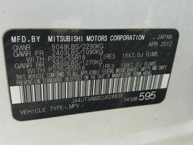 JA4JT3AW3CU028835 - 2012 MITSUBISHI OUTLANDER WHITE photo 10