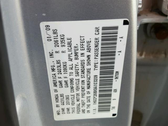1HGCP268X9A103209 - 2009 HONDA ACCORD EXL SILVER photo 10