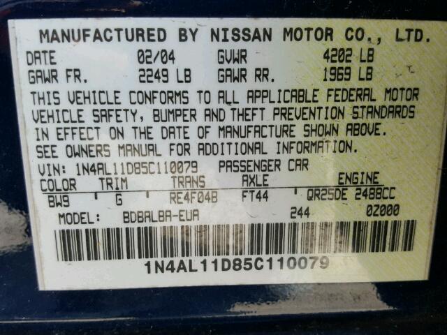 1N4AL11D85C110079 - 2005 NISSAN ALTIMA BLUE photo 10