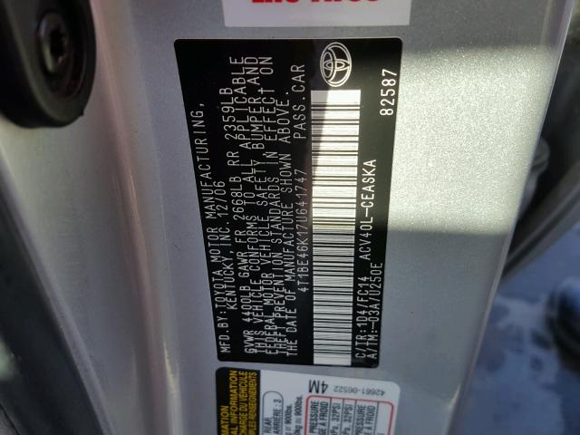 4T1BE46K17U641747 - 2007 TOYOTA CAMRY NEW SILVER photo 10