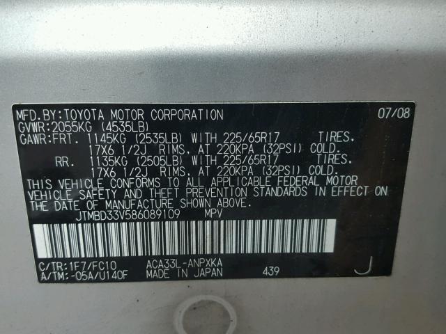 JTMBD33V586089109 - 2008 TOYOTA RAV4 SILVER photo 10