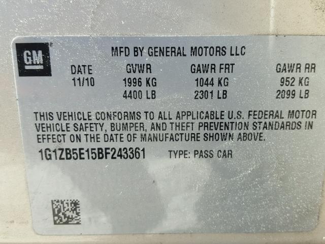 1G1ZB5E15BF243361 - 2011 CHEVROLET MALIBU BEIGE photo 10