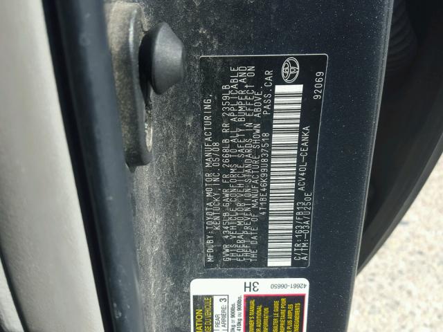 4T1BE46K99U837518 - 2009 TOYOTA CAMRY GRAY photo 10