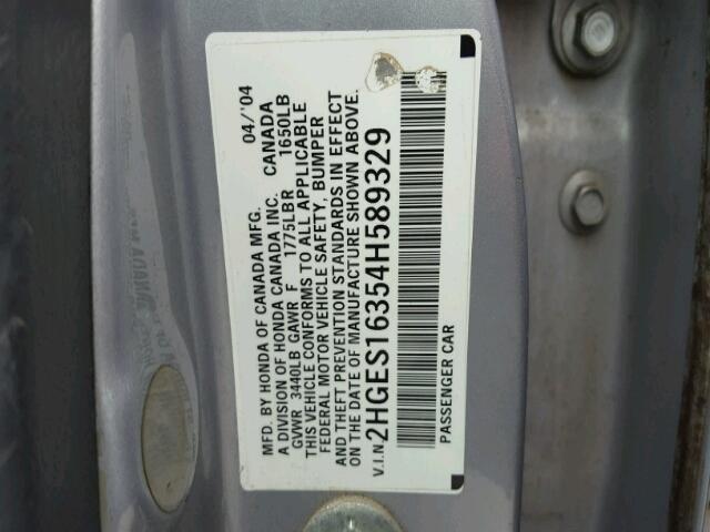 2HGES16354H589329 - 2004 HONDA CIVIC DX V SILVER photo 10