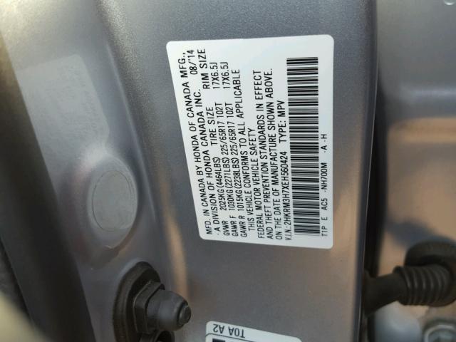 2HKRM3H7XEH560424 - 2014 HONDA CR-V EXL SILVER photo 10