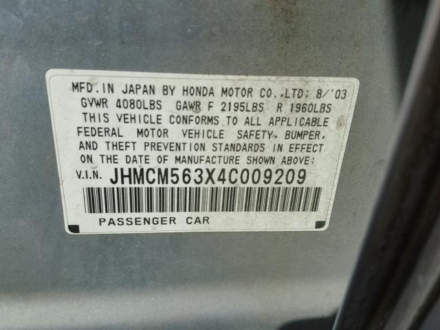 JHMCM563X4C009209 - 2004 HONDA ACCORD LX SILVER photo 10