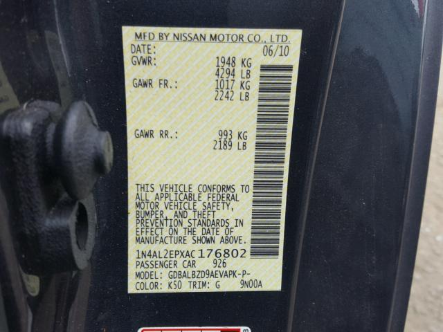 1N4AL2EPXAC176802 - 2010 NISSAN ALTIMA S GRAY photo 10