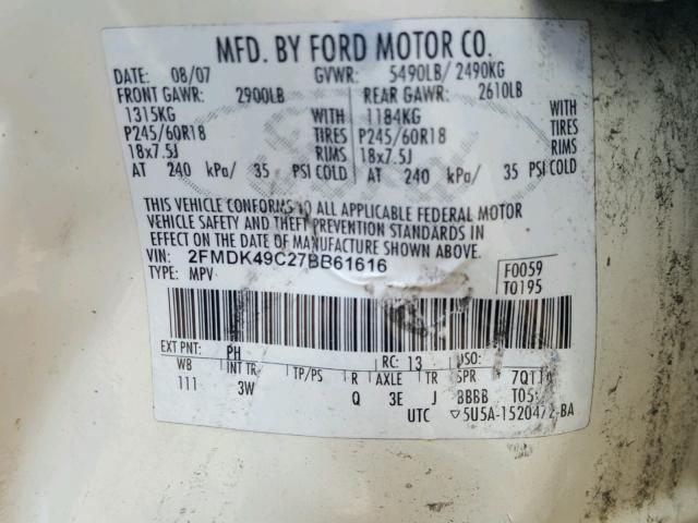 2FMDK49C27BB61616 - 2007 FORD EDGE SEL P WHITE photo 10