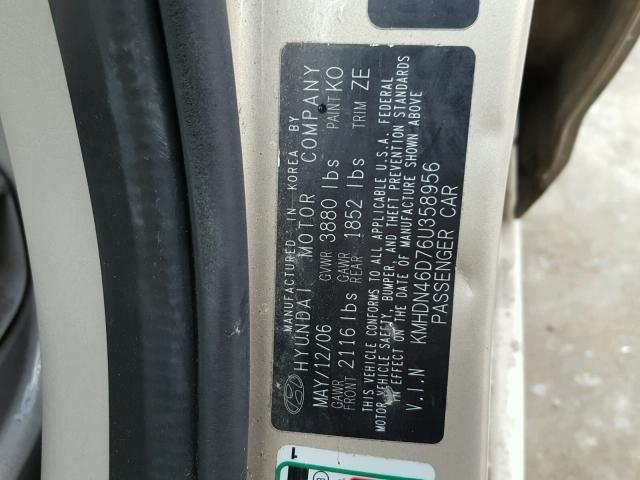 KMHDN46D76U358956 - 2006 HYUNDAI ELANTRA GL GOLD photo 10