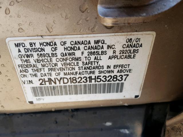 2HNYD18231H532837 - 2001 ACURA MDX GOLD photo 10