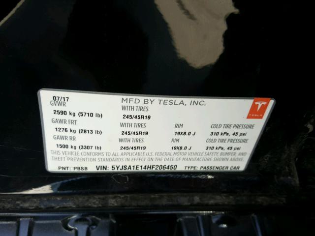 5YJSA1E14HF206450 - 2017 TESLA MODEL S 黑色 照片 10