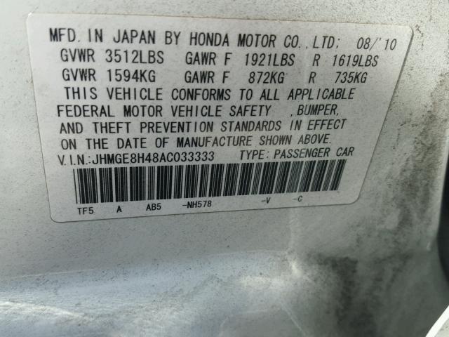 JHMGE8H48AC033333 - 2010 HONDA FIT SPORT WHITE photo 10