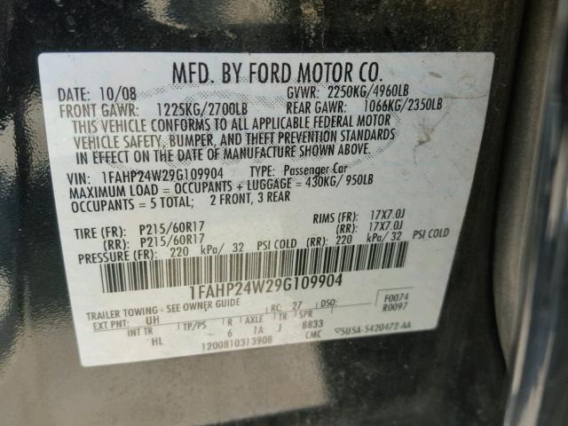 1FAHP24W29G109904 - 2009 FORD TAURUS BLACK photo 10