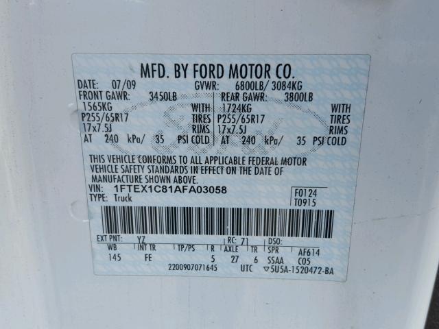 1FTEX1C81AFA03058 - 2010 FORD F150 WHITE photo 10