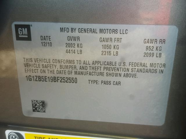 1G1ZB5E19BF252550 - 2011 CHEVROLET MALIBU LS ყავისფერი ფოტო 10